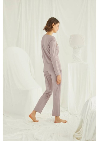 Kadın Vizon Omzu Dantelli Önü Boydan Düğmeli Pijama Takımı 18434 fırsatları