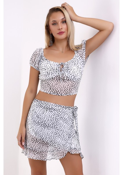 Kadın Alt Üst Takım Sırt Dekolteli Kısa Kollu Arkadan Bağlamalı Bluz Mini Anvelop Etek Alt Üst Takım 7001-451-0003 indirimleri