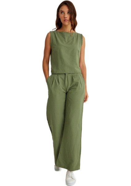 Keten Günlük Rahat Kolsuz Alt Üst Kadın Takım