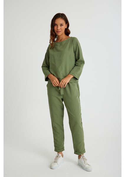 Keten Günlük Rahat Beli Kemerli Kadın İkili Takım Alt Üst fiyatları
