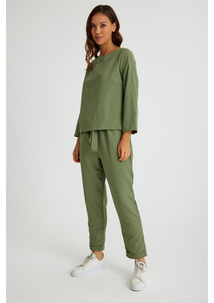 Keten Günlük Rahat Beli Kemerli Kadın İkili Takım Alt Üst modelleri