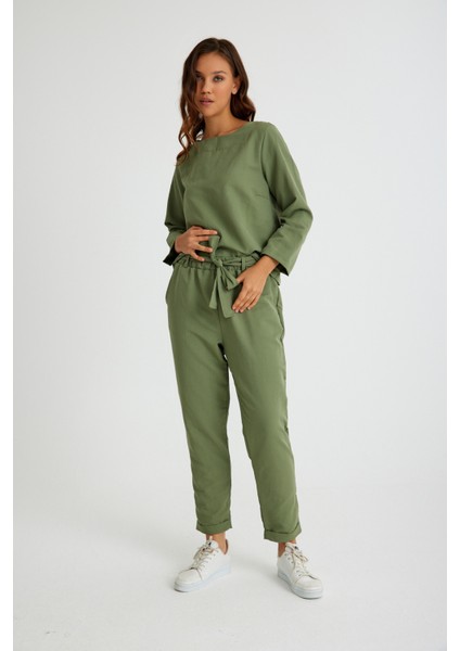 Keten Günlük Rahat Beli Kemerli Kadın İkili Takım Alt Üst fırsatları