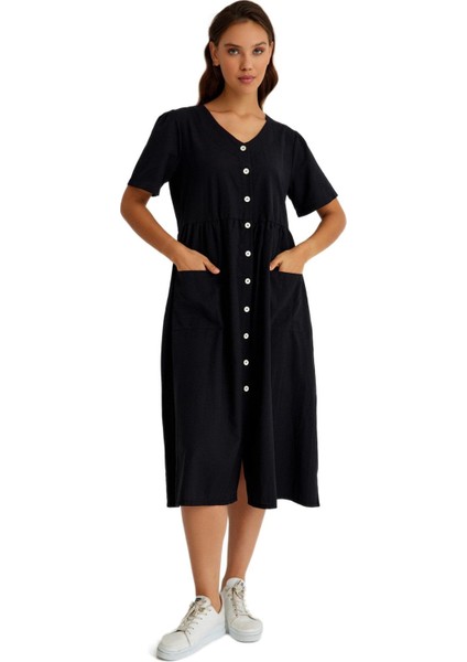 Keten Günlük Rahat V Yaka Beli Büzgü Detaylı Düğmeli Elbise