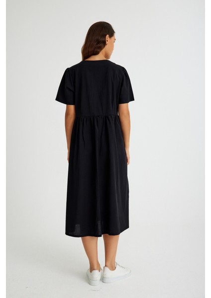 Keten Günlük Rahat V Yaka Beli Büzgü Detaylı Düğmeli Elbise indirimleri