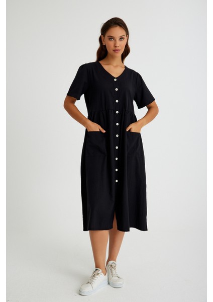 Keten Günlük Rahat V Yaka Beli Büzgü Detaylı Düğmeli Elbise