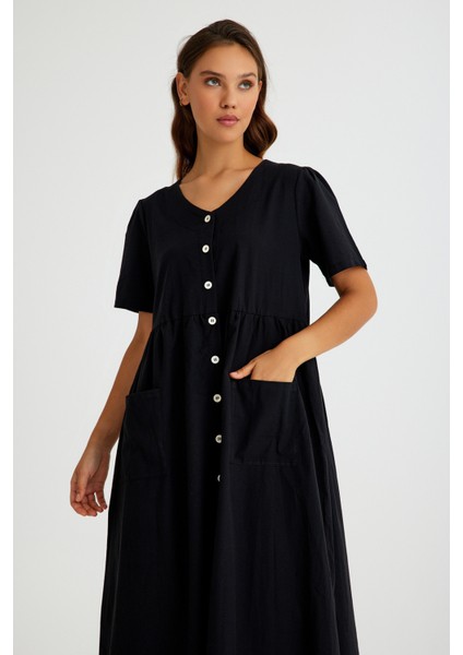 Keten Günlük Rahat V Yaka Beli Büzgü Detaylı Düğmeli Elbise fiyatları