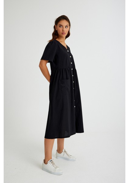 Keten Günlük Rahat V Yaka Beli Büzgü Detaylı Düğmeli Elbise modelleri