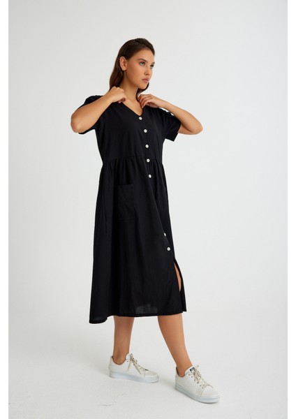 Keten Günlük Rahat V Yaka Beli Büzgü Detaylı Düğmeli Elbise indirimleri