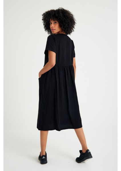 Keten Günlük Rahat V Yaka Beli Büzgü Detaylı Düğmeli Elbise fiyatları