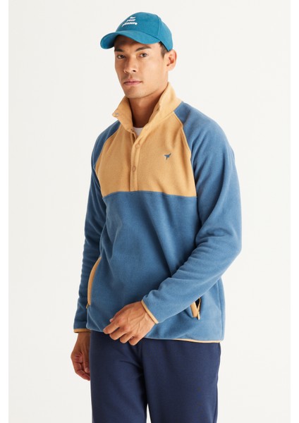 Erkek Indigo-karamel Standart Fit Normal Kesim Dik Bato Yaka Desenli Polar Sweatshirt