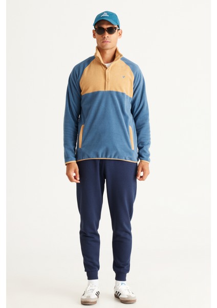 Erkek Indigo-karamel Standart Fit Normal Kesim Dik Bato Yaka Desenli Polar Sweatshirt fırsatları
