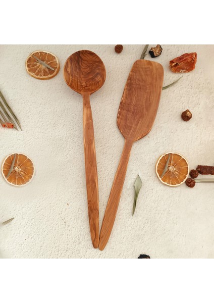 Ahşap Tahta Kaşık ve Spatula Seti - El Yapımı - Zeytin Ağacı- 33 cm