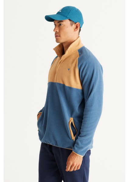 Erkek Indigo-karamel Standart Fit Normal Kesim Dik Bato Yaka Desenli Polar Sweatshirt modelleri