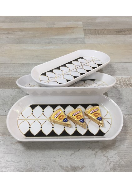 Black Drops 3 Adet 26 cm Orta Boy Seramik Oval Kahvaltı Peynir Kayık Servis Sunum Tabağı