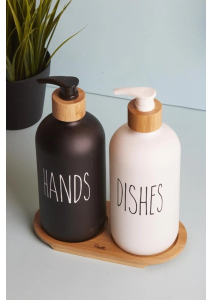 Bambu Standlı 2’li Siyah-Beyaz Mutfak Sıvı Sabunluk ve Deterjanlık Seti 500ML+500ML