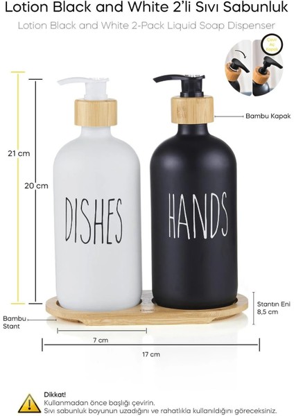 Bambu Standlı 2’li Siyah-Beyaz Mutfak Sıvı Sabunluk ve Deterjanlık Seti 500ML+500ML