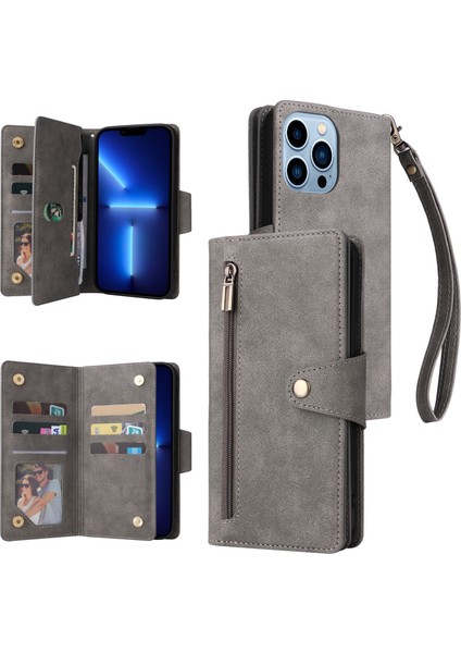 Ile Uyumluiphone 13 Pro Max Mıknatıslı Deri Zip Cüzdan Kart Sahibi (Yurt Dışından)