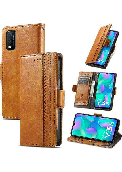 - 1383 Vivo Y3S 2021 Için Kart Tutuculu Pu Deri Cüzdan Telefon Kılıfı - Haki (Yurt Dışından)