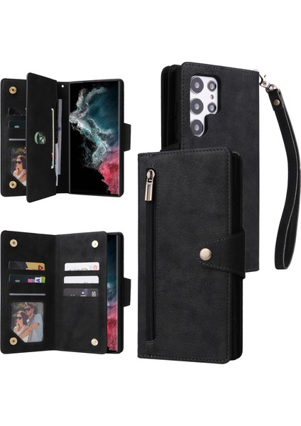 Ile Uyumlusamsung Galaxy S22 Ultra Mıknatıslı Deri Zip Cüzdan Kart Sahibi (Yurt Dışından)