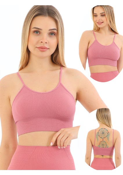 Yeni Sezon Ince Askılı Fitilli Toparlayıcı Crop Büstiyer Pembe