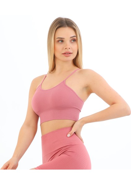 Yeni Sezon Ince Askılı Fitilli Toparlayıcı Crop Büstiyer Pembe