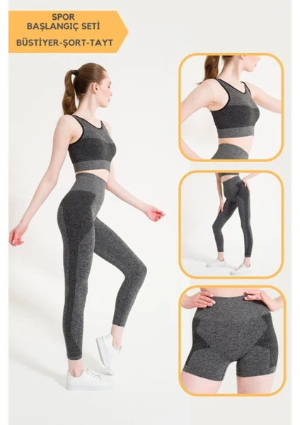 Toparlayıcı Dikişsiz Tayt-Crop Top Fitilli Büstiyer Tayt Crop Top Takım Gri