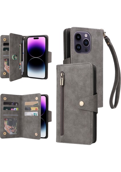 Ile Uyumluiphone 14 Pro Max Mıknatıslı Deri Zip Cüzdan Kart Sahibi (Yurt Dışından)