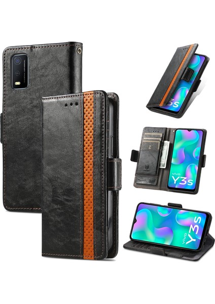 - 1383 Vivo Y3S 2021 Için Kart Tutuculu Pu Deri Cüzdan Telefon Kılıfı - Siyah (Yurt Dışından)