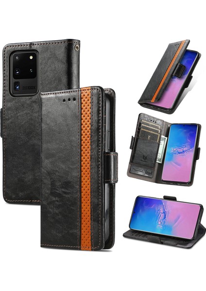 - 1383 Samsung Galaxy S20 Ultra Için Kart Tutuculu Pu Deri Cüzdan Telefon Kılıfı - Siyah (Yurt Dışından)