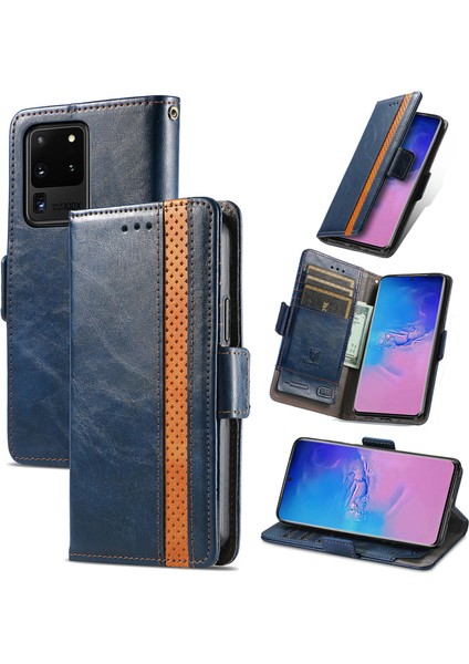 - 1383 Samsung Galaxy S20 Ultra Için Kart Tutuculu Pu Deri Cüzdan Telefon Kılıfı - Mavi (Yurt Dışından)
