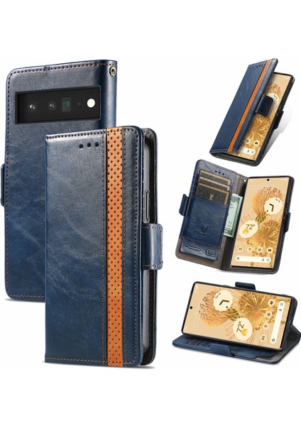 - 1383 Google Pixel 6 Pro Için Kart Tutuculu Pu Deri Cüzdan Telefon Kılıfı - Mavi (Yurt Dışından)