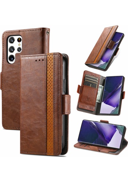 - 1383 Samsung Galaxy S22 Ultra Için Kart Tutuculu Pu Deri Cüzdan Telefon Kılıfı - Kahverengi (Yurt Dışından)