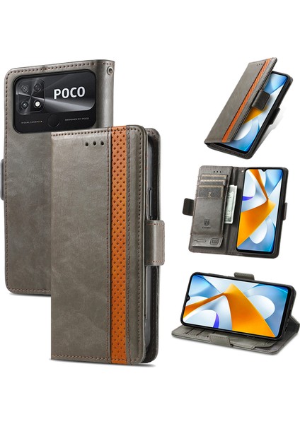 - 1383 Xiaomi Poco C40 Için Kart Tutuculu Pu Deri Cüzdan Telefon Kılıfı - Gri (Yurt Dışından)