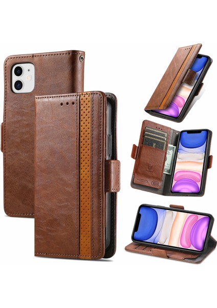 - 1383 iPhone 11 Için Kart Tutuculu Pu Deri Cüzdan Telefon Kılıfı - Kahverengi (Yurt Dışından)
