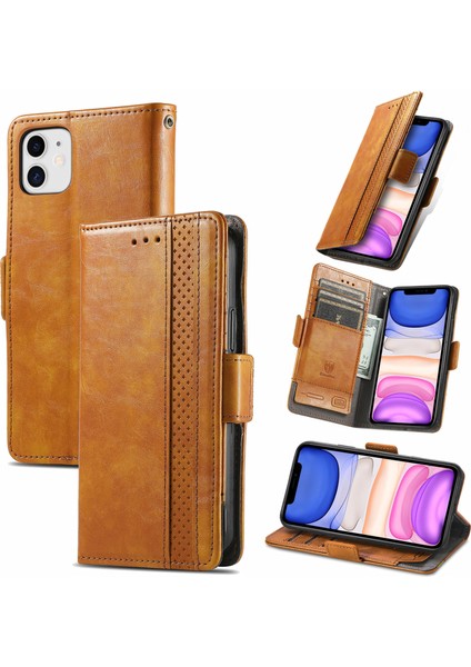 - 1383 iPhone 11 Için Kart Tutuculu Pu Deri Cüzdan Telefon Kılıfı - Haki (Yurt Dışından)