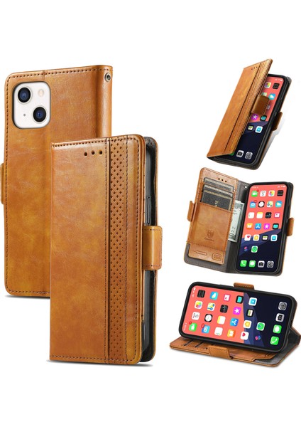 - 1383 iPhone 13 Mini Için Kart Tutuculu Pu Deri Cüzdan Telefon Kılıfı - Haki (Yurt Dışından)