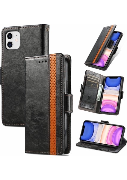 - 1383 iPhone 11 Için Kart Tutuculu Pu Deri Cüzdan Telefon Kılıfı - Siyah (Yurt Dışından)