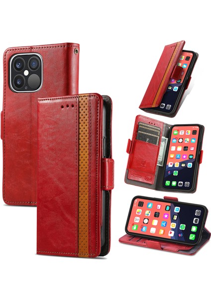 - 1383 iPhone 13 Pro Max Için Kart Tutuculu Pu Deri Cüzdan Telefon Kılıfı - Bordo (Yurt Dışından)