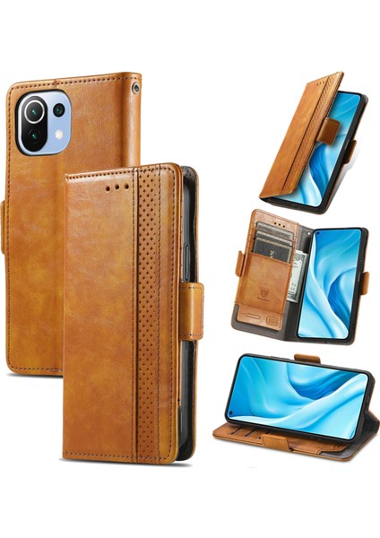 - 1383 Xiaomi 11 Lite 5g Için Kart Tutuculu Pu Deri Cüzdan Telefon Kılıfı - Haki (Yurt Dışından)