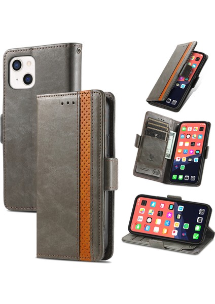 - 1383 iPhone 13 Mini Için Kart Tutuculu Pu Deri Cüzdan Telefon Kılıfı - Gri (Yurt Dışından)