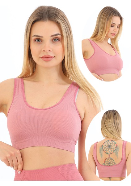 Yeni Sezon Ince Askılı Pedli Fitilli Toparlayıcı Crop Büstiyer Pembe