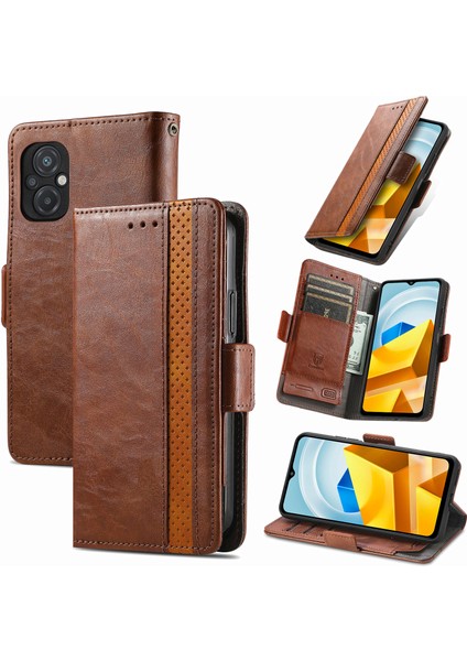 - 1383 Xiaomi Poco M5 Için Kart Tutuculu Pu Deri Cüzdan Telefon Kılıfı - Kahverengi (Yurt Dışından)