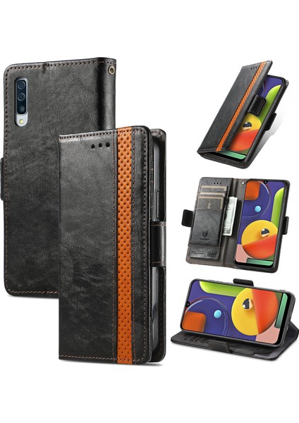 - 1383 Samsung Galaxy A50/A50S/A30S Için Kart Tutuculu Pu Deri Cüzdan Telefon Kılıfı - Siyah (Yurt Dışından)