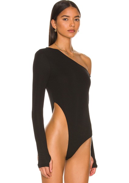 Kadın Siyah Asimeetrik Kesim Jarse Bodysuit