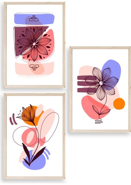 Çiçek Desenli Üçlü Ahşap Çerçeveli Tablo