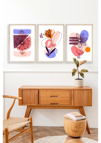 Çiçek Desenli Üçlü Ahşap Çerçeveli Tablo modelleri