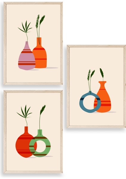 Çiçek Desenli Üçlü Ahşap Çerçeveli Tablo