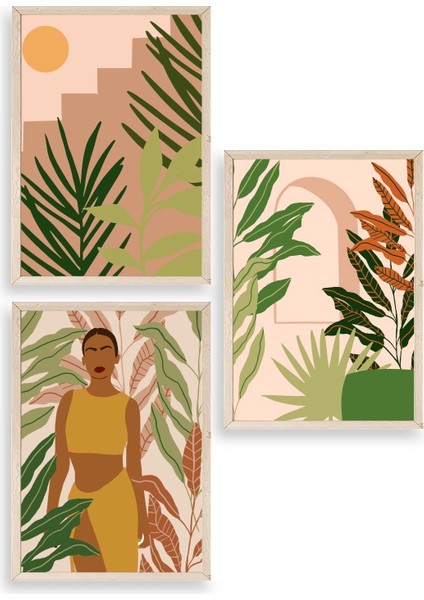 Düşündüren Çiçekli Üçlü Ahşap Çerçeveli Tablo