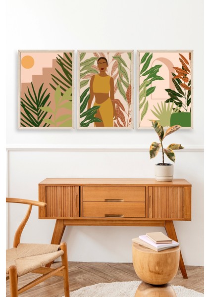 Düşündüren Çiçekli Üçlü Ahşap Çerçeveli Tablo modelleri