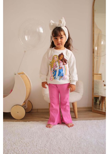 Kız Çocuk Barbie Bileği Ribanalı Pamuk Eşofman Takımı